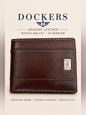 Dockers Genuine Leather Bifold Wallet Brown ID Window
